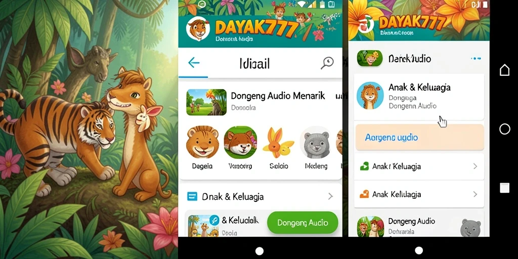 Screenshot utama DAYAK777 menampilkan antarmuka pengguna yang menarik dan fungsi mendengarkan dongeng.